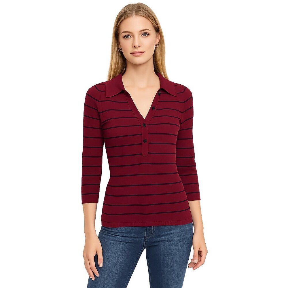 NWT White House Black Market 3/4 Sleeve Button Henley Top Zinfandel Lurex S